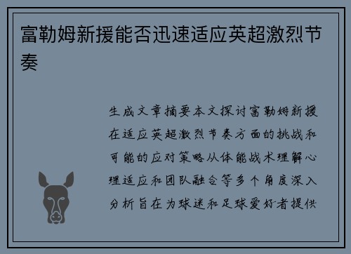 富勒姆新援能否迅速适应英超激烈节奏